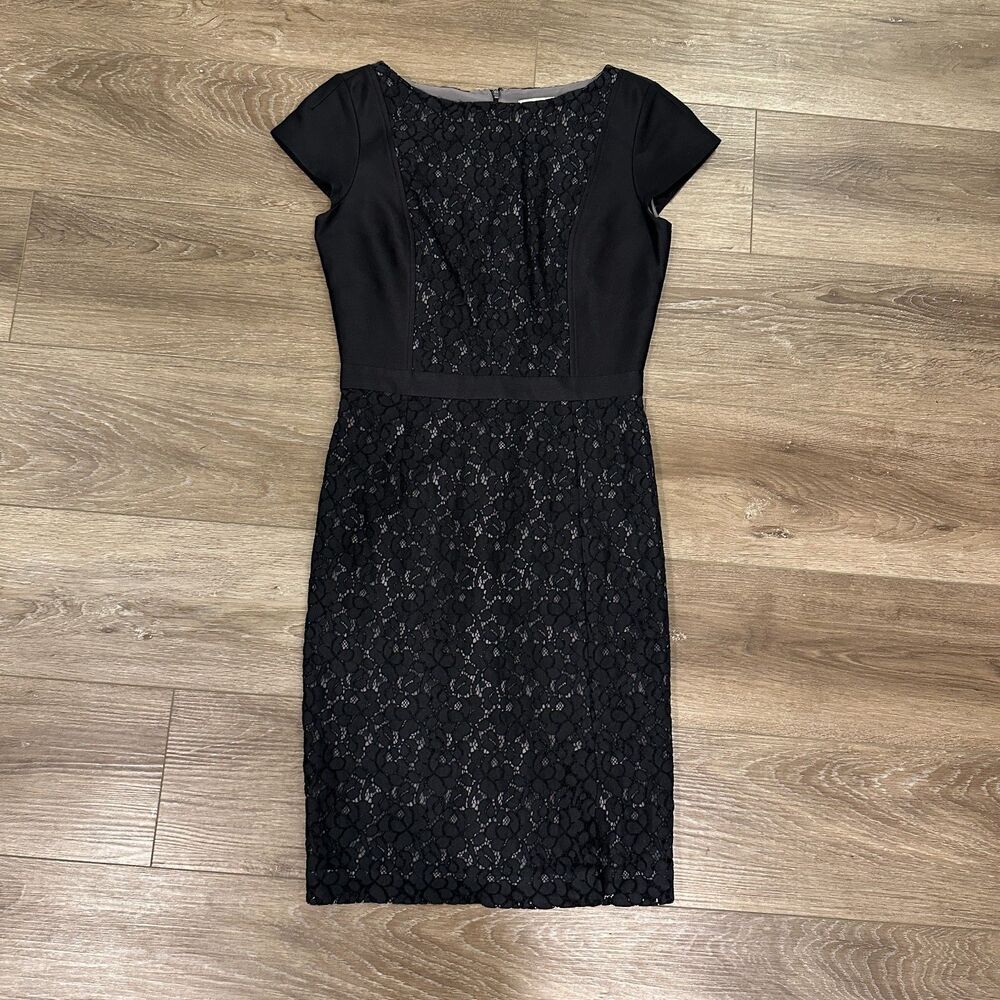Tory Burch Black Wool Silk Lace Panel Cap Sleeve Sheath Dress Size 2
